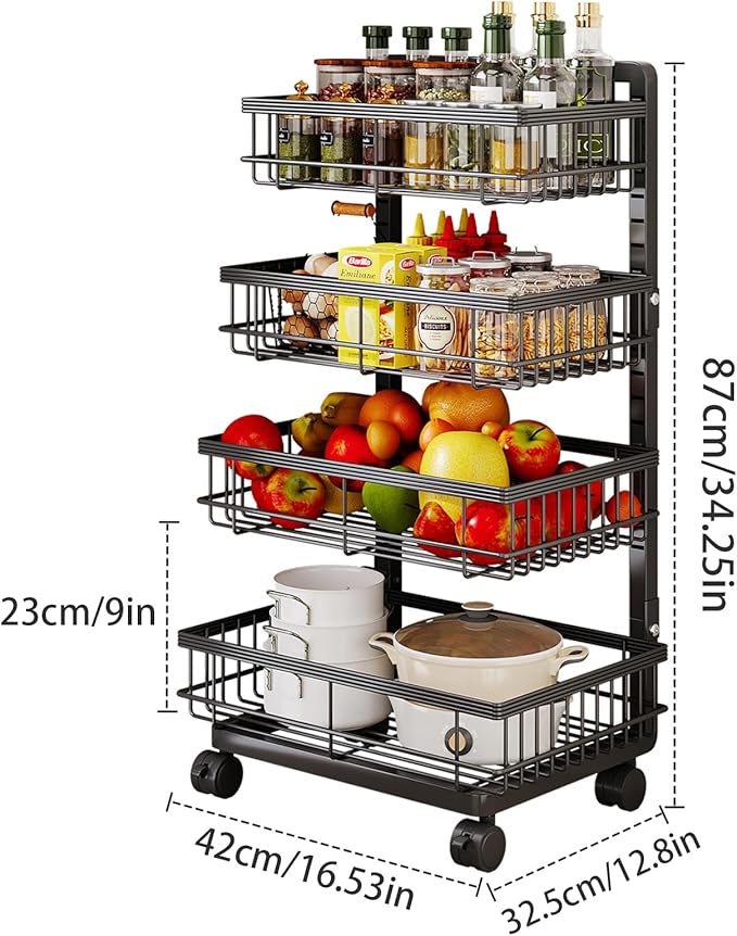 Aupekro 4-Tier Kitchen Storage Cart, Metal Utility Rolling Cart - Image 2