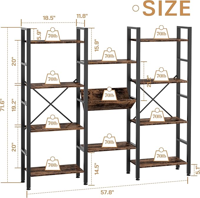 Shintenchi Industrial Bookcase, 71.6” Triple 4 Tier Bookshelf - Image 7