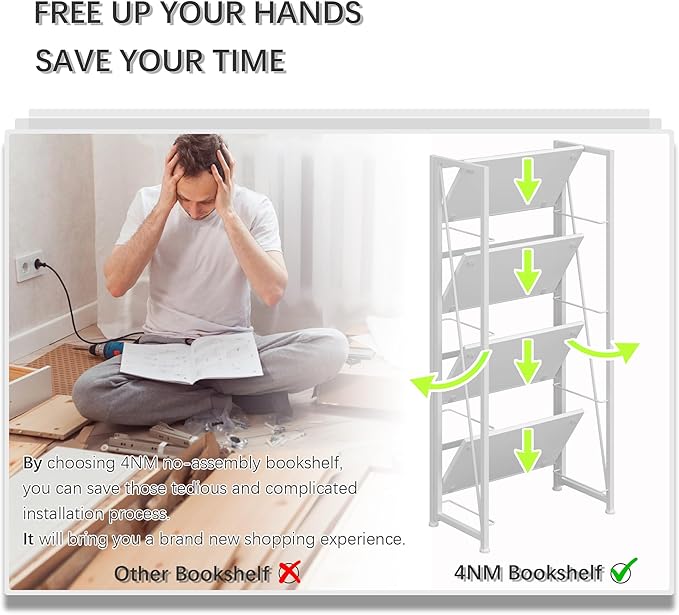 4NM No-Assembly Folding Bookshelf Storage Shelves 4 Tiers Vintage Bookcase - Image 7