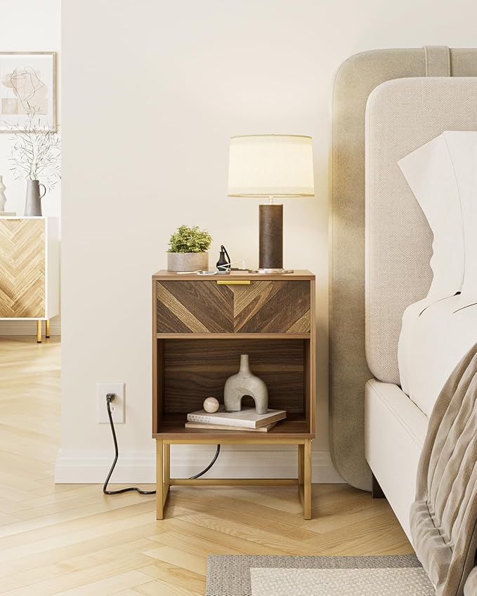 Nightstand with Charging Station, Boho Night Stand Wood Farmhouse Bedside Table - Image 7