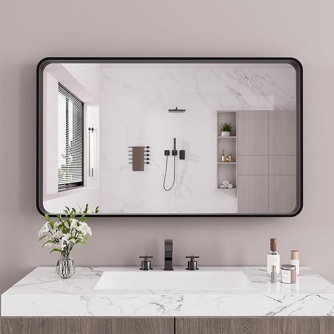 Black Bathroom Mirror 72X32 Inch, Rounded Rectangle Matte Bathroom Vanity Mirror - Image 2