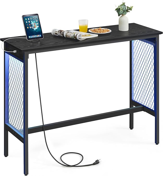 VASAGLE Bar Table with Power Outlets, 47.2 Inches LED Lights Narrow Tall Pub by VASAGLEbySONGMICSHOME