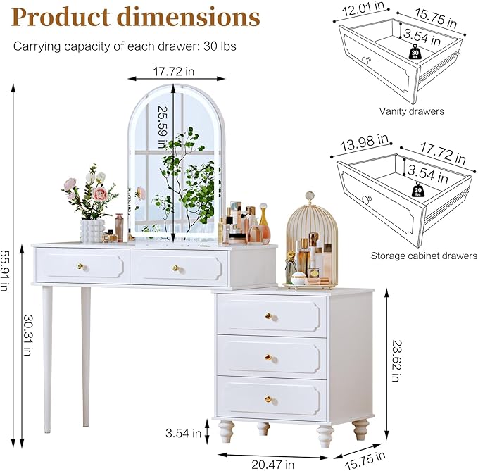 White, Vanity Desk with Mirror and Lights, Makeup Vanity with Power Outlet and - Image 6
