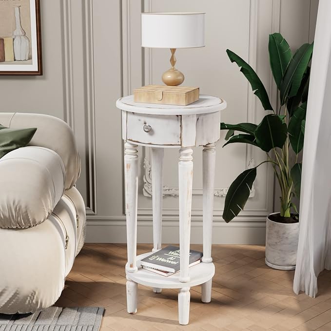 COSIEST Tall End Table with Drawer Sets of 2, Round Nightstand Bedside Table - Image 2