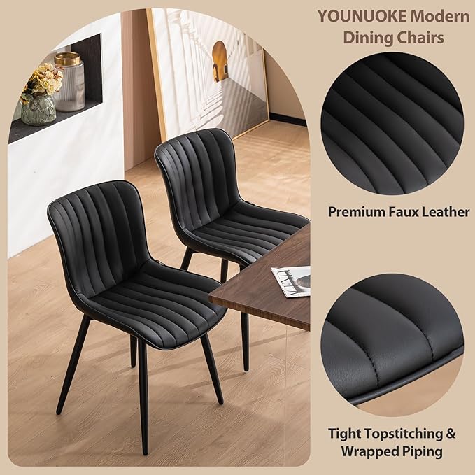 YOUNUOKE Black Dining Chairs Set of 2, Mid-Century Modern Faux Leather - Image 6