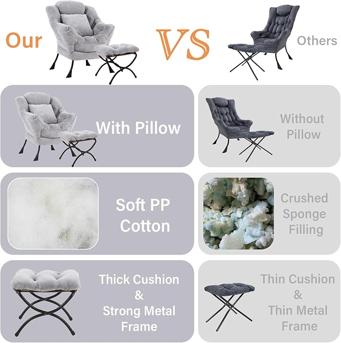 Lazy Chair with Ottoman, Comfy Reading Lounge Chair with Footstool & Throw - Image 7