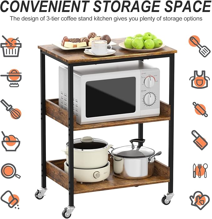 Kitchen Microwave Cart, 3 Tier Rolling Utility Cart on Wheels Coffee Cart - Image 5