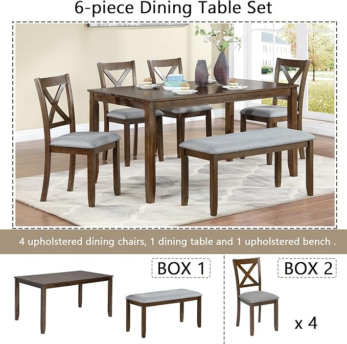 soges 6 Piece Kitchen Dining Set, Rectangular Wooden Dining Table - Image 3