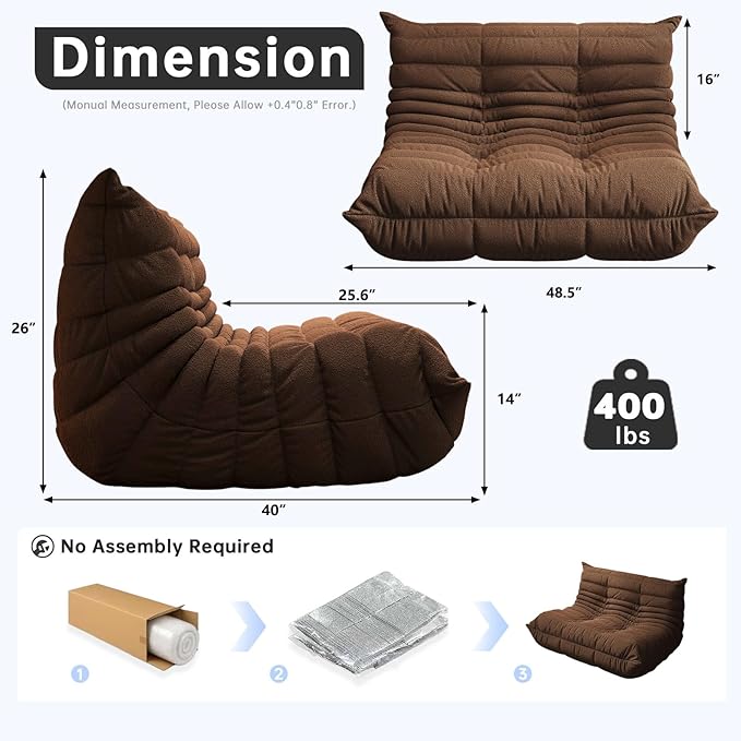 Bean Bag Chairs for Adults, Memory Foam Couch Loveseat Sofa Chair, Soft Teddy - Image 2