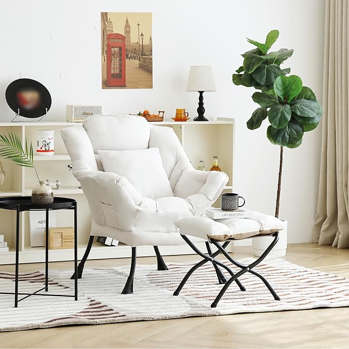 Lazy Chair with Ottoman, Comfy Reading Lounge Chair with Footstool & Throw - Image 2