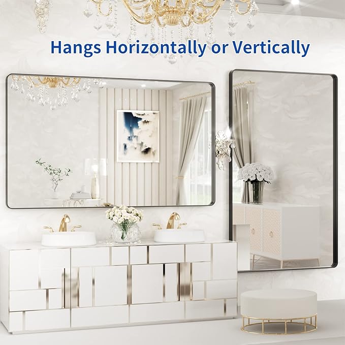 WEER Black Metal Framed Mirror, 60X36 Inch Rectangular Matte Black Wall Mirror - Image 5