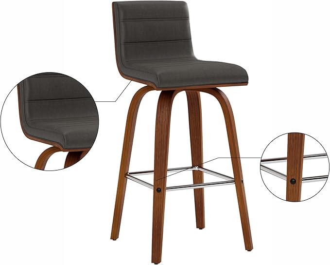 Armen Living Vienna 26" Counter Height Swivel Grey Faux Leather and Walnut Wood - Image 12