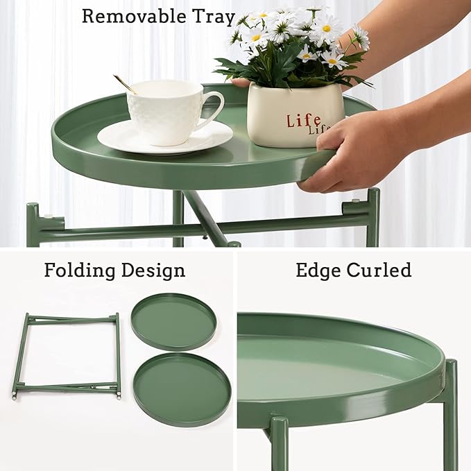 TeoKJ 2 Tier Green Side Table, Folding Round Metal End Table Small Nightstand - Image 9