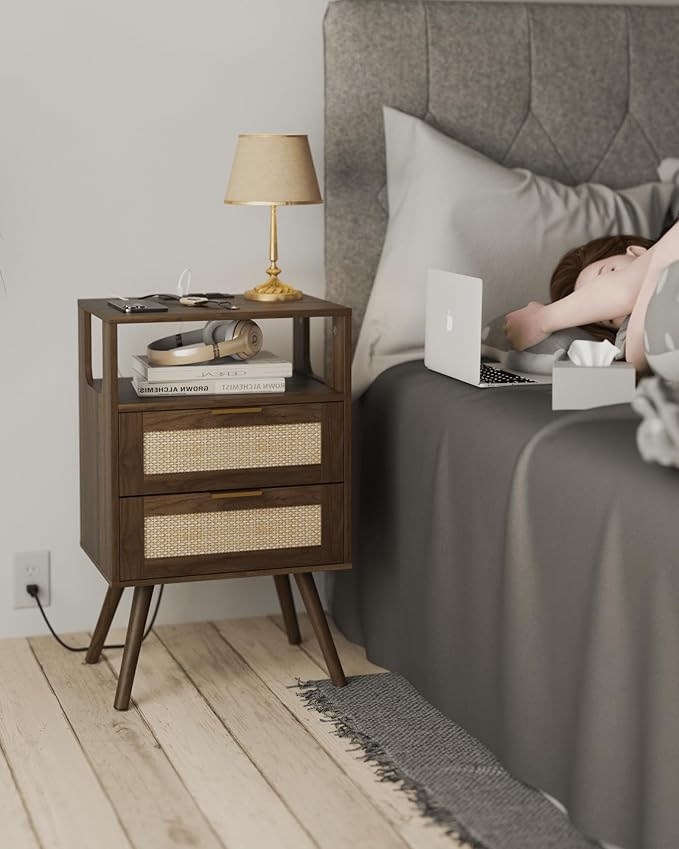 Rattan Nightstand with Charging Station, Modern Bedside Table with 2 Storage - Image 7