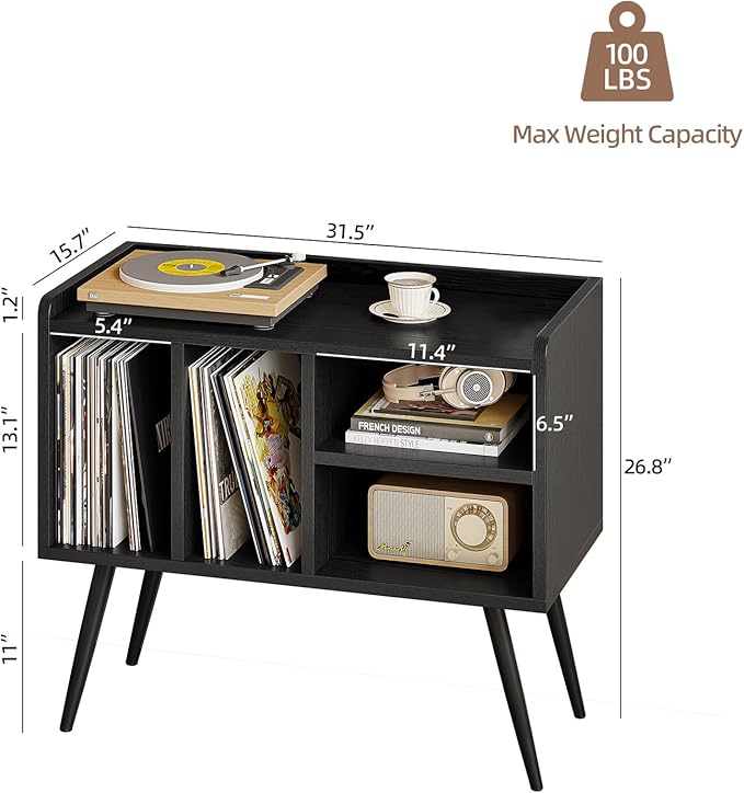 Record Player Stand with Vinyl Storage, Turntable Stand with Solid Wood Legs - Image 2