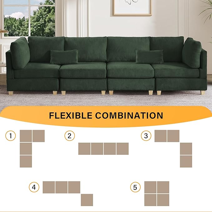 126" Convertible L-Shaped Modular Sectional Sofa, 4 Seater Corduroy Upholstered - Image 5