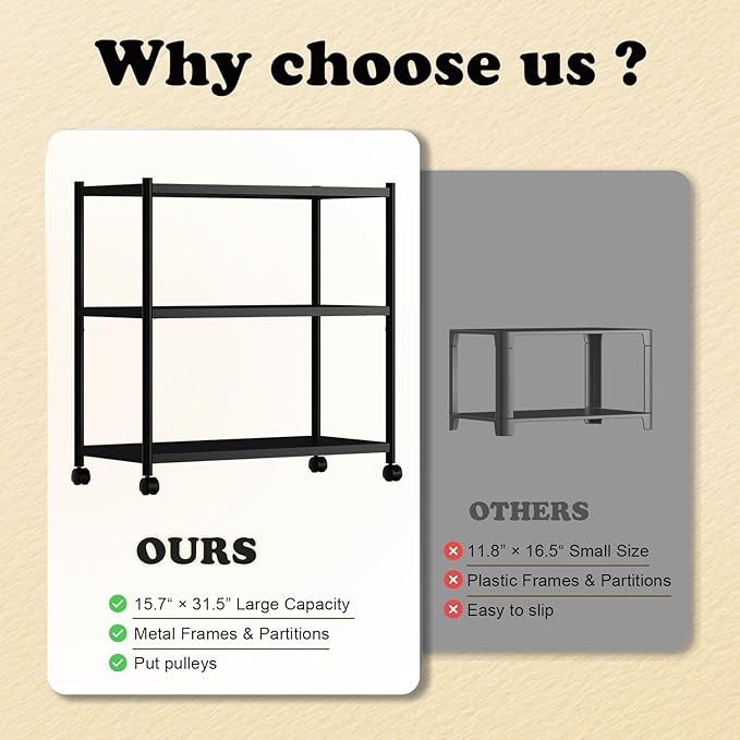 ZZL 3 Tier Small Bookshelf 31.49" Width, Metal Bookcase w/Wheels, Industrial - Image 4