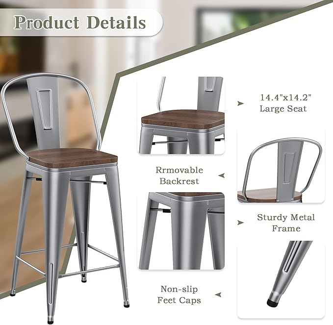 Yongqiang 24 inch Bar Stools Set of 4 High Back Kitchen Counter Height Bar - Image 5