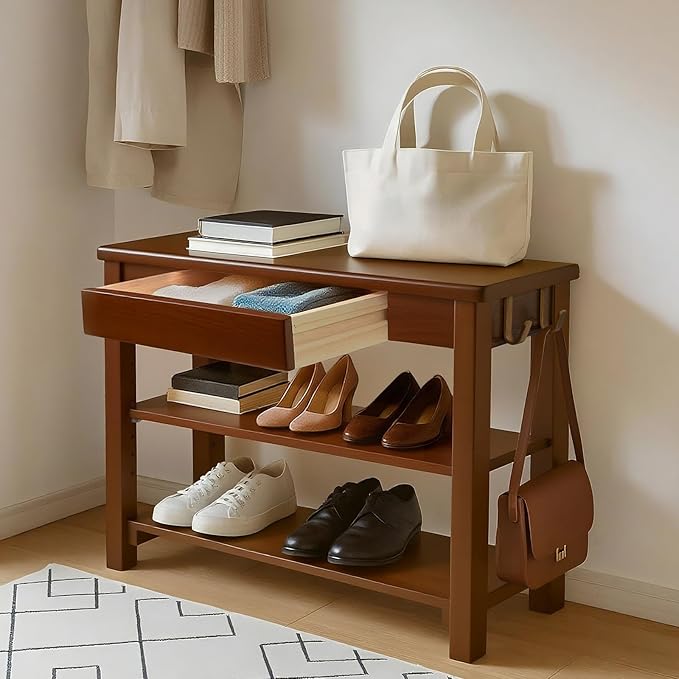 Wood Shoe Bench Entryway with Drawer: 2-Tiers Wooden Storage Shoe Rack with by Unknown