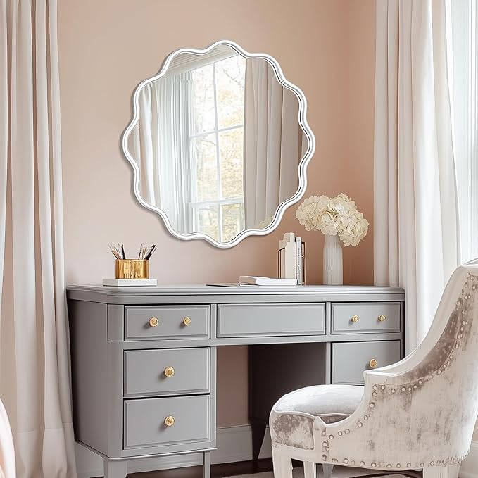 PROHOMEWARE White Round Mirror 28 Inch Wavy Bathroom Vanity Mirror White Frame - Image 7