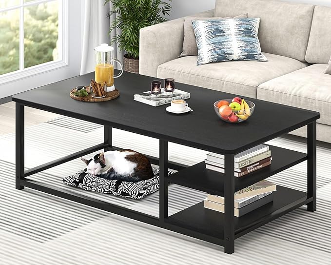 EXCEFUR Black Coffee Table, Rustic Wood Living Room Table by EXCEFUR