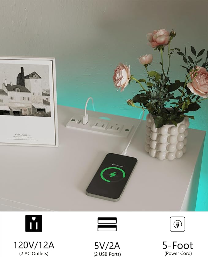 White Nightstand with Charging Station and LED Lights, Modern Bedside Table - Image 6