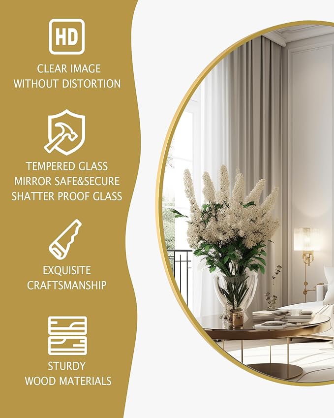 Gold Round Mirror, Bathroom 24 Inch Vanity Wall Mirror, Modern Circle Mirror - Image 5