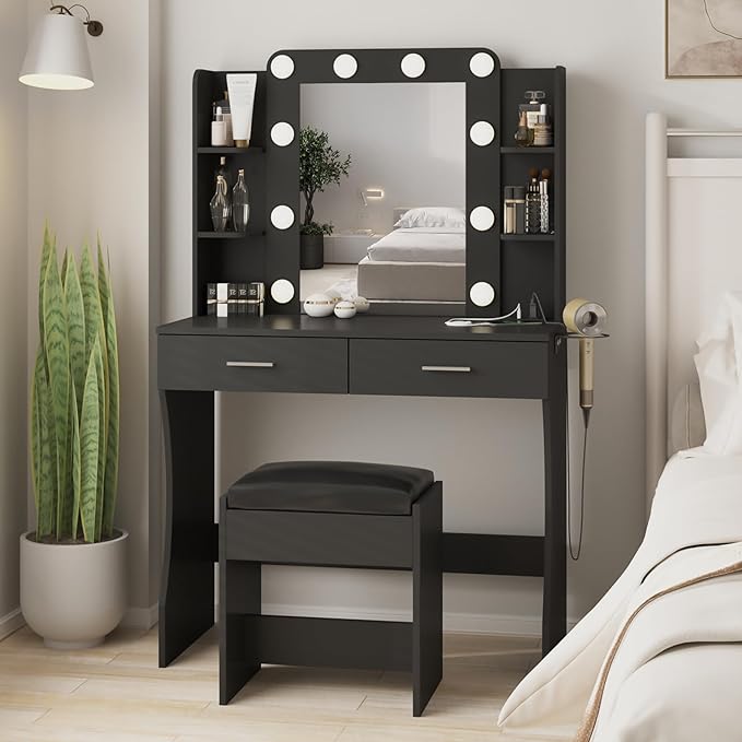 Vabches Vanity Desk with Lights, Makeup Vanity with Power Strip, Dressing Table by Vabches