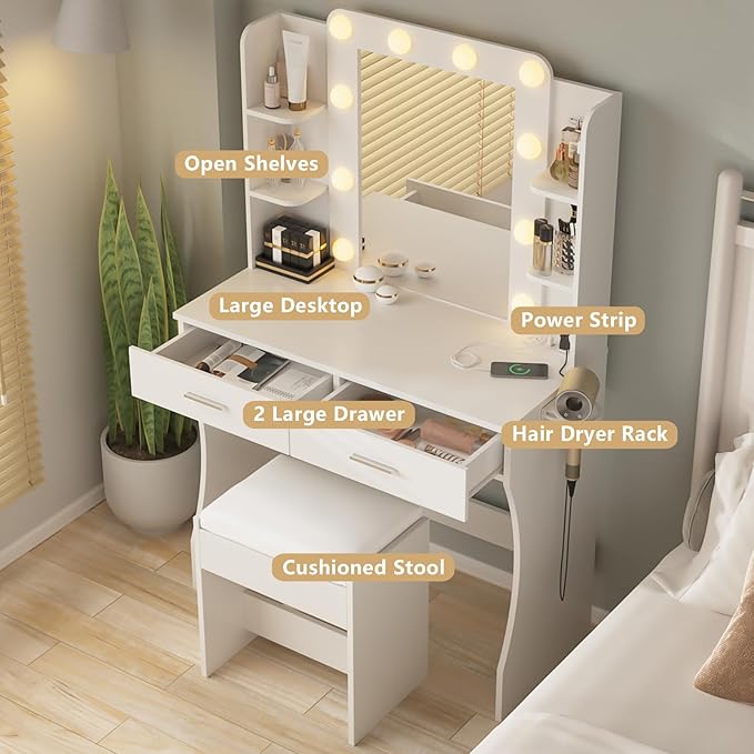 Vabches Vanity Desk with Lights, Makeup Vanity with Power Strip, Dressing Table - Image 6