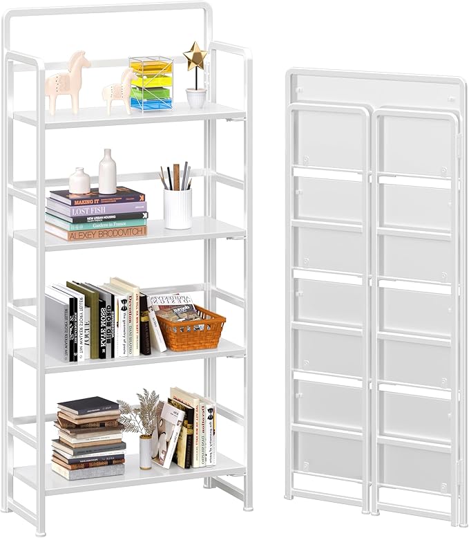 4NM No Assembly Folding Bookshelf, 4-Shelf 54" H Collapsible Foldable Bookcase by 4NM