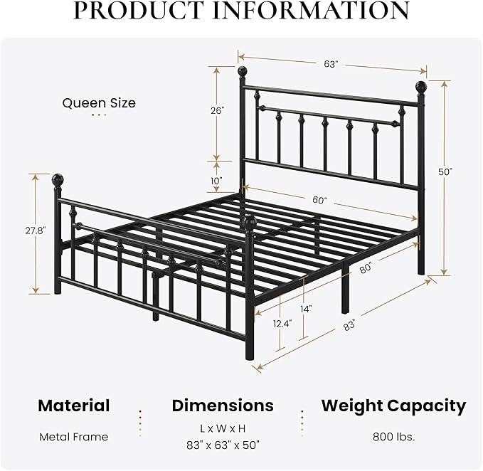 SHA CERLIN 14'' Queen Size Metal Platform Bed Frame/Victorian Headboard and - Image 2