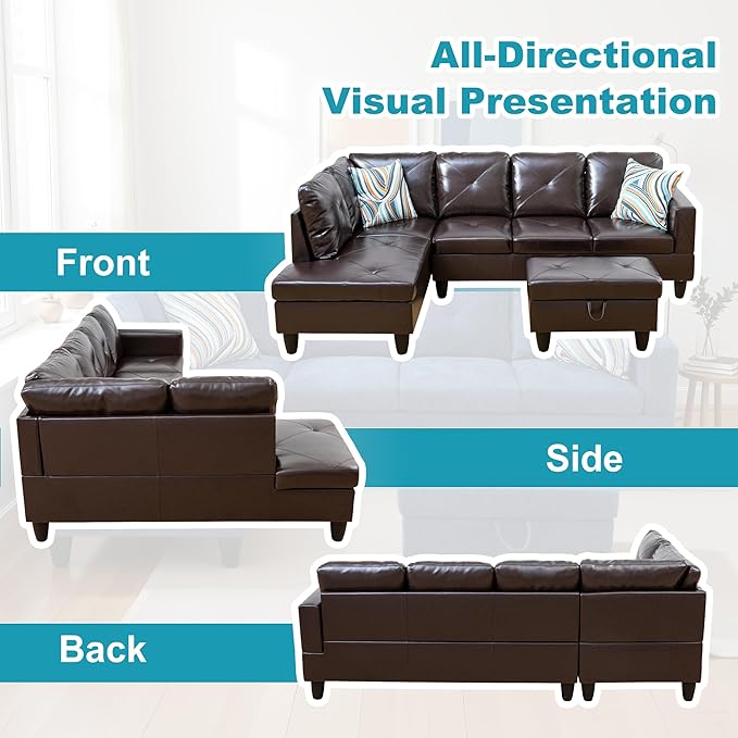 L Shaped Couch Faux Leather Sectional Couch Upholstered 3 Pieces Sofas - Image 6
