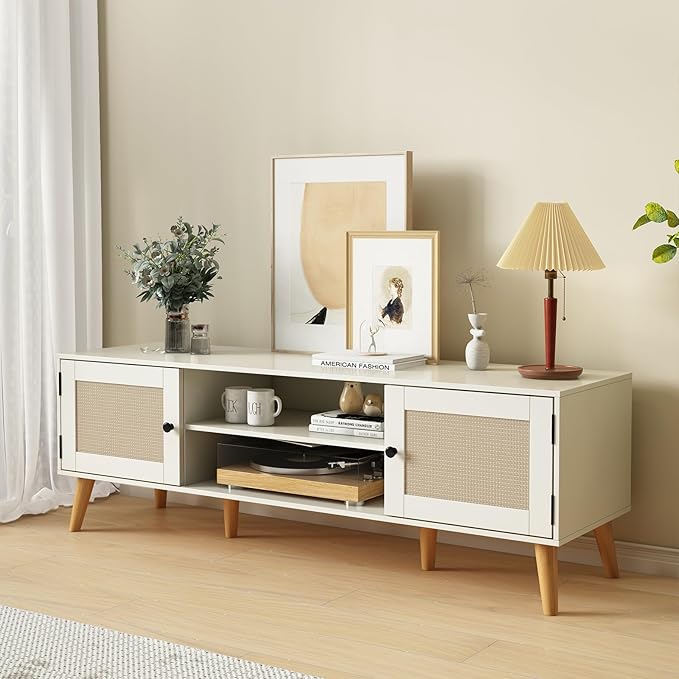 TV Stand for TVs up to 65 inches, Rattan Grain Finish Panel - Image 5