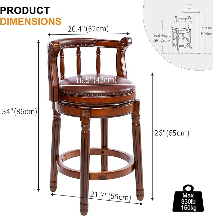 Cow top Leather Wooden Bar Stools, 360 Degree Swivel Bar Height Chair - Image 3