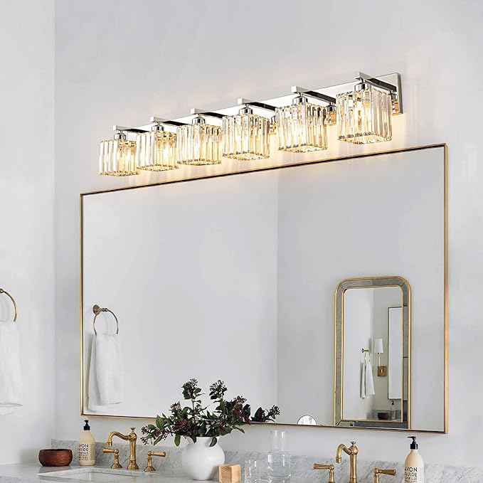 Modern 6-Light Chrome Crystal Bathroom Vanity Light Fixtures - Image 3