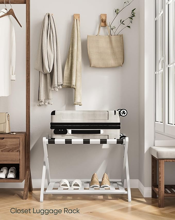 Fully Assembled White Bamboo Luggage Rack, 5 Straps Folding Suitcase Stand - Image 5