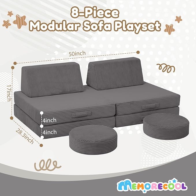 MeMoreCool Kids Couch for Playroom, Corduroy Convertible Toddler Couch - Image 2