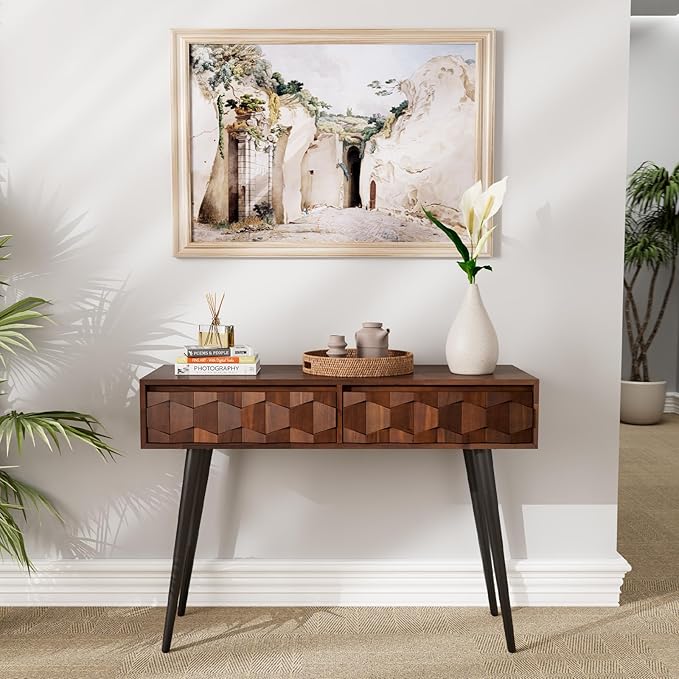 Bme Console Modern Mid-Century 2 Drawers, Unique Geometric Design Sofa Table - Image 6
