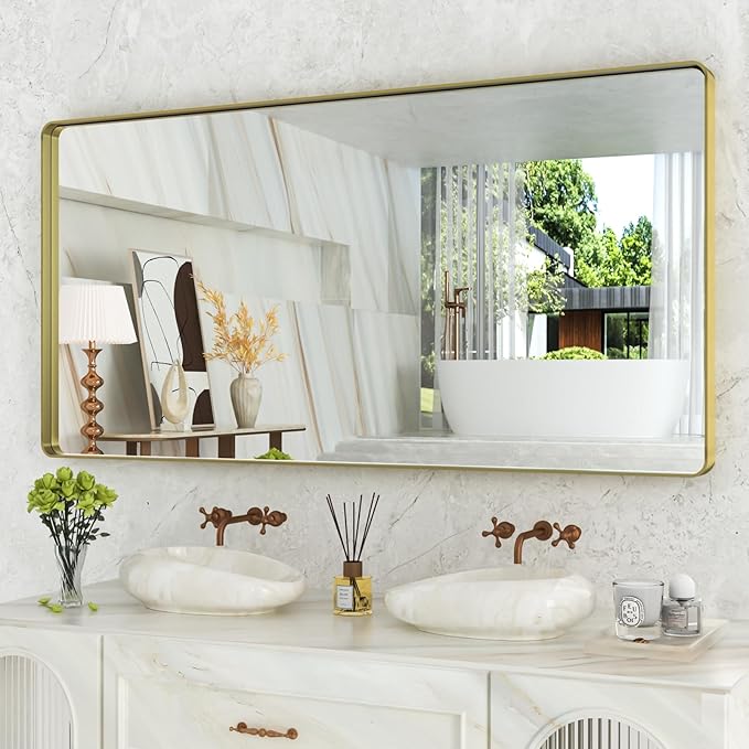 WEER Gold Bathroom Mirror, 72X36 Inch Brushed Gold Metal Frame Mirror, Rounded by WEER