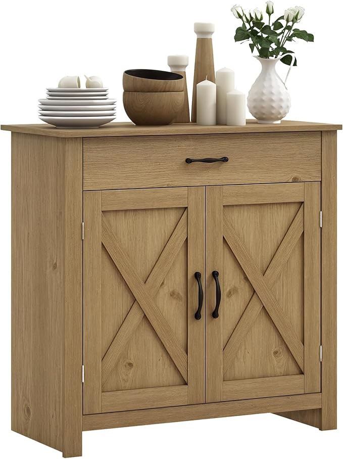 HOMCOM Farmhouse Sideboard Buffet Cabinet, Barn Door Coffee Bar Cabinet by HOMCOM