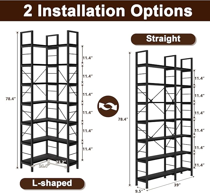 7-Tier Corner Bookshelf, Reversible Wooden Shelves, Industrial Bookcase - Image 2