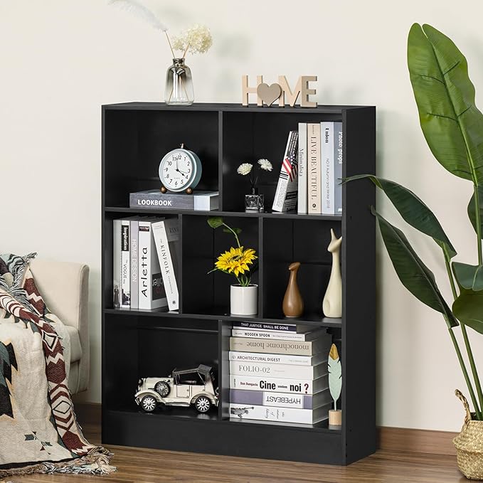 YAHARBO Black 7 Cube Bookshelf, 3 Tier Modern Horizontal Bookcase, Wooden Low - Image 6