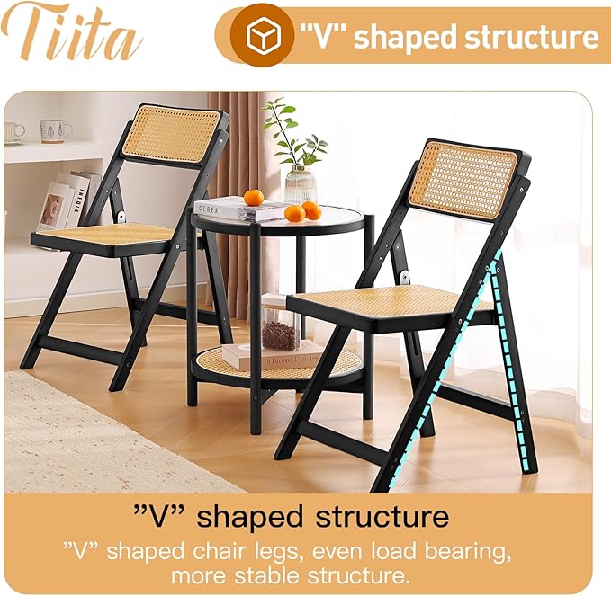 Tiita Rattan Dining Chairs Set of 2, Mid Century Modern Folding Chair, Bamboo - Image 5