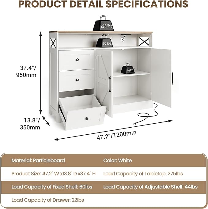 47inch Farmhouse Buffet Sideboard Cabinet, Wood Cupboard Storage Pantry Cabinet - Image 2
