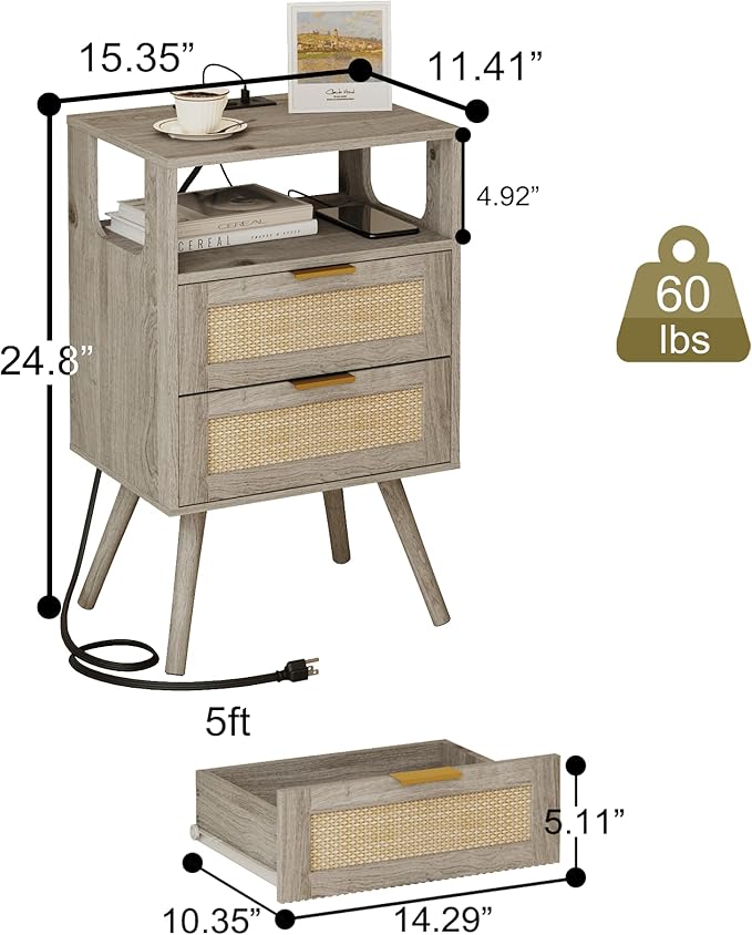 Rattan Nightstand with Charging Station, Modern Bedside Table with 2 Storage - Image 2