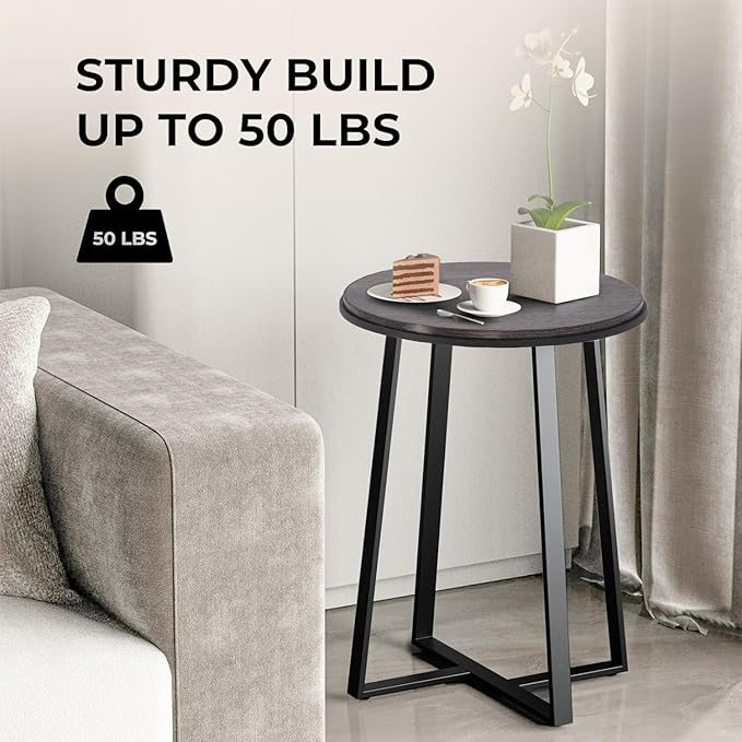 Round End Table, Small Side Table Grey Color MDF Top, Metal Frame Black - Image 5