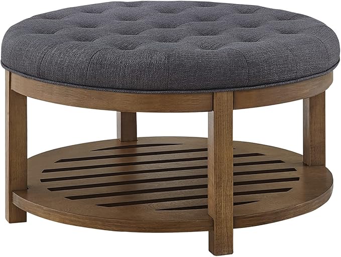 24KF Large Round Upholstered Tufted Linen Ottoman Coffee Table, Large Footrest - Image 3