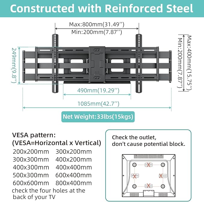 Heavy Duty TV Wall Mount for 42-90" TVs, 4X Load Tested Holds 179lbs, 40.9" - Image 7
