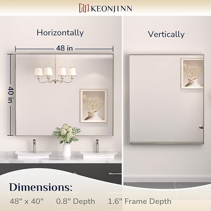 Keonjinn 48 x 40 in Brushed Nickel Bathroom Mirror, Rectangular Wall Metal - Image 7
