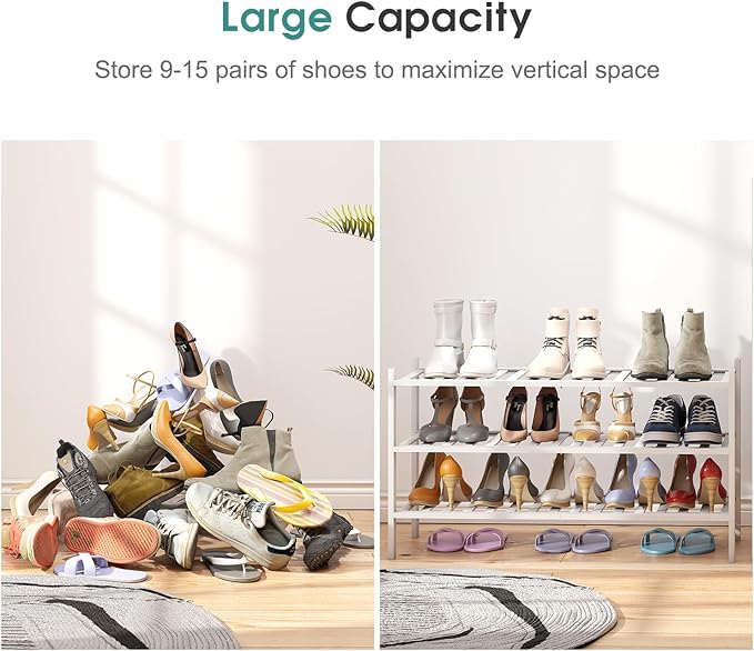 3-Tier Long Shoe Rack, Bamboo Wood Shoe Rack - Image 5
